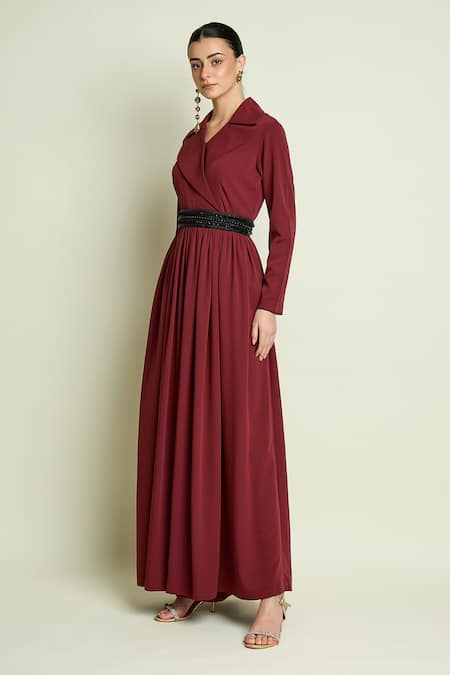 Shop_Aakaar_Maroon Crepe Beads Collared, V-neck Moss Jumpsuit With Belt _Online_at_Aza_Fashions