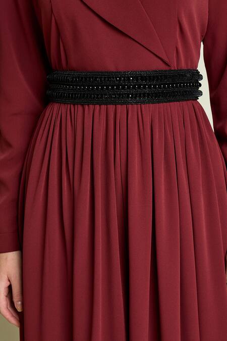 Aakaar_Maroon Crepe Beads Collared, V-neck Moss Jumpsuit With Belt _at_Aza_Fashions