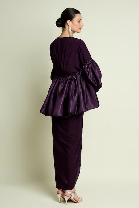 Aakaar Draped Dress With Puff Sleeve Shrug 