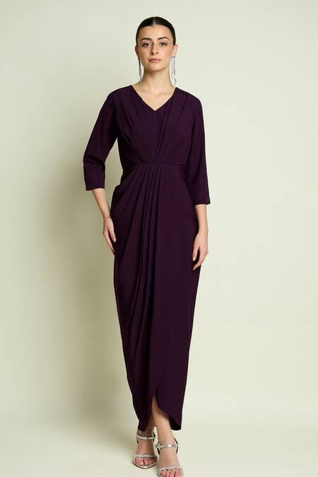 Aakaar_Purple Crepe V-neck Draped Dress With Puff Sleeve Shrug _Online_at_Aza_Fashions