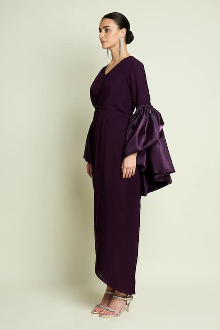 Buy_Aakaar_Purple Crepe V-neck Draped Dress With Puff Sleeve Shrug _Online_at_Aza_Fashions