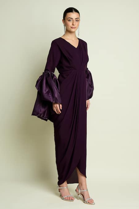 Shop_Aakaar_Purple Crepe V-neck Draped Dress With Puff Sleeve Shrug _Online_at_Aza_Fashions