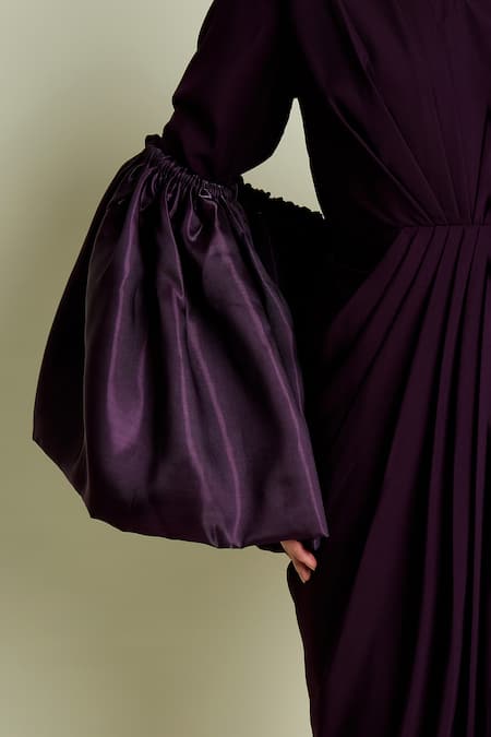Buy_Aakaar_Purple Crepe V-neck Draped Dress With Puff Sleeve Shrug 