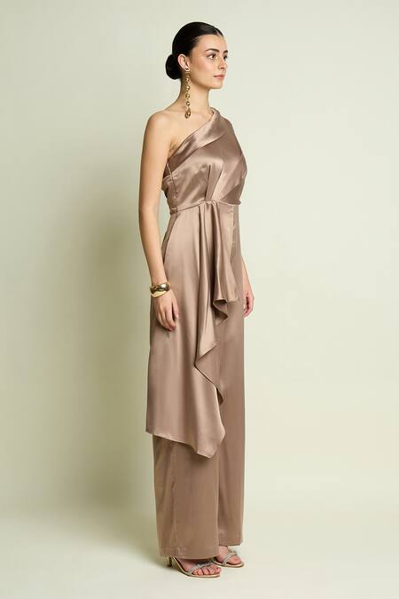 Aakaar_Beige Satin One Shoulder Draped Jumpsuit _Online_at_Aza_Fashions