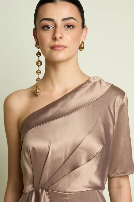 Aakaar_Beige Satin One Shoulder Draped Jumpsuit _at_Aza_Fashions