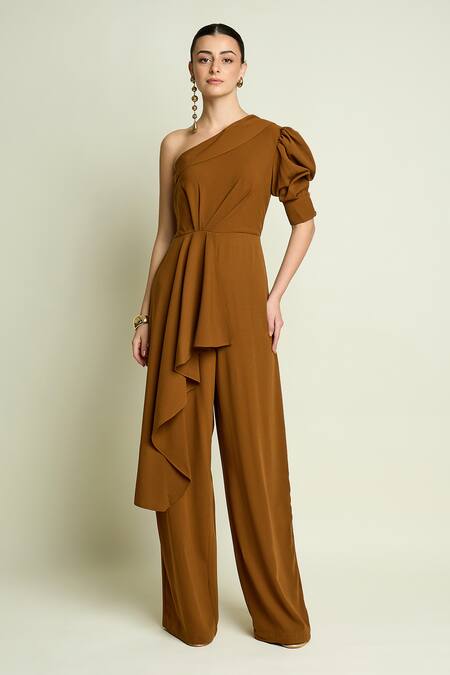 Aakaar_Brown Crepe One Shoulder Puff Sleeve Jumpsuit _at_Aza_Fashions