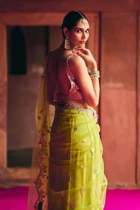 Angad Singh_Lime Net Mirrors, Embroidery V-neck Green Saree With Blouse _Online_at_Aza_Fashions