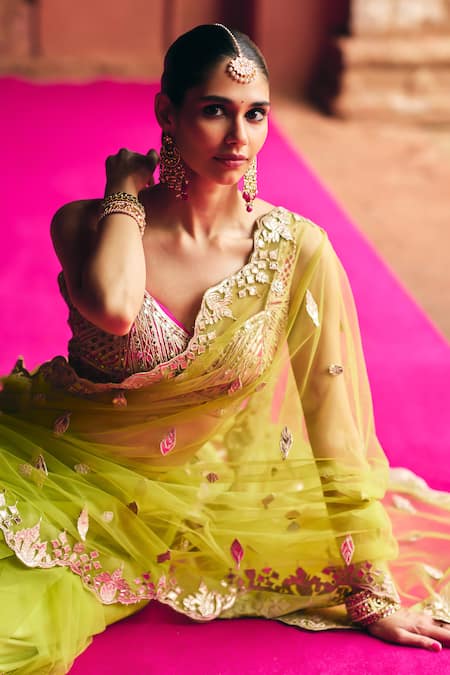 Buy_Angad Singh_Lime Net Mirrors, Embroidery V-neck Green Saree With Blouse _Online_at_Aza_Fashions