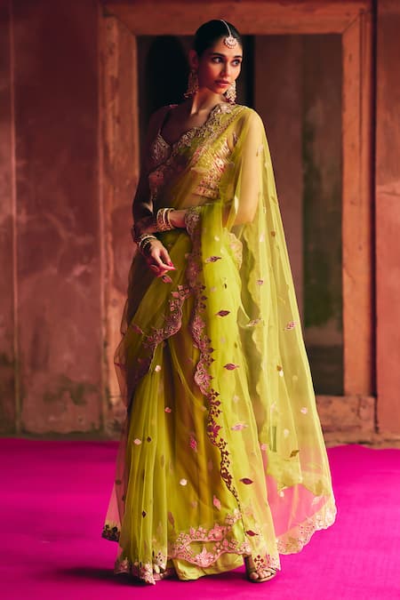 Shop_Angad Singh_Lime Net Mirrors, Embroidery V-neck Green Saree With Blouse _Online_at_Aza_Fashions