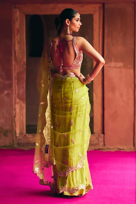 Angad Singh Lime Green Net Saree With Blouse 