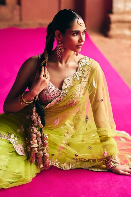 Angad Singh_Lime Net Mirrors, Embroidery V-neck Green Saree With Blouse _at_Aza_Fashions