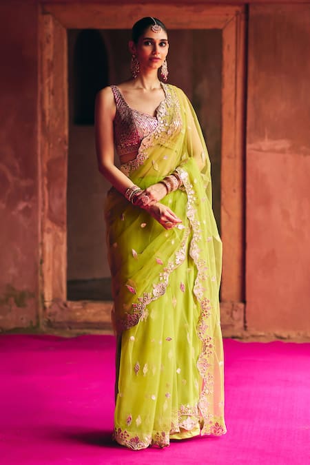 Angad Singh Lime Green Net Saree With Blouse 