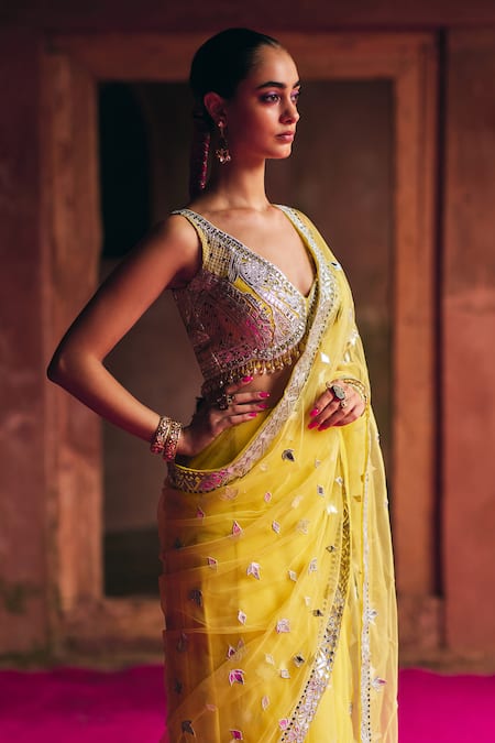 Angad Singh_Yellow Net Mirrors, Gota Patti, Embroidery, Beads, Tassels Saree With Blouse _Online_at_Aza_Fashions