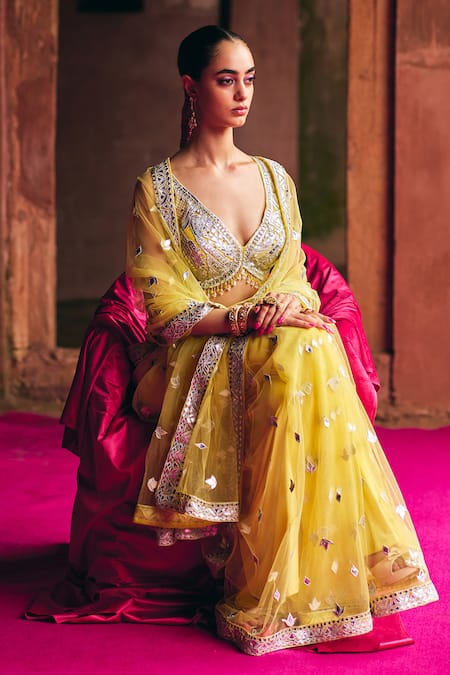 Buy_Angad Singh_Yellow Net Mirrors, Gota Patti, Embroidery, Beads, Tassels Saree With Blouse _Online_at_Aza_Fashions