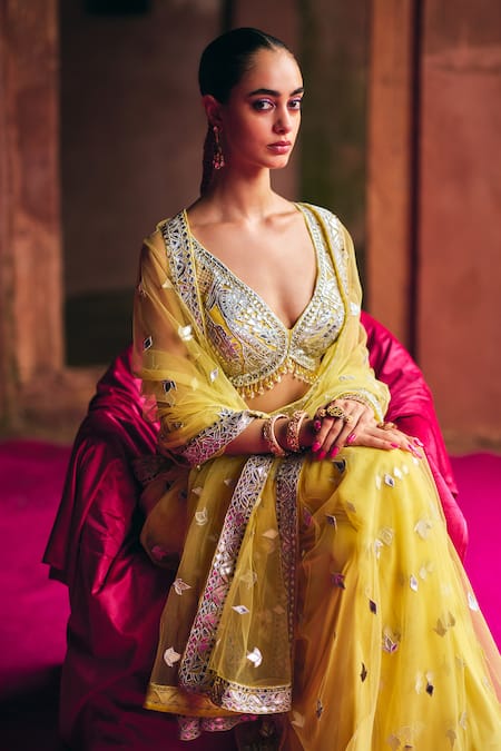 Shop_Angad Singh_Yellow Net Mirrors, Gota Patti, Embroidery, Beads, Tassels Saree With Blouse _Online_at_Aza_Fashions