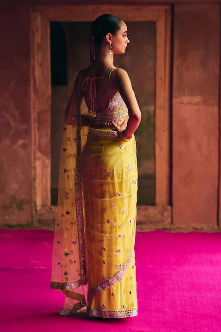 Angad Singh Yellow Net Saree With Blouse 