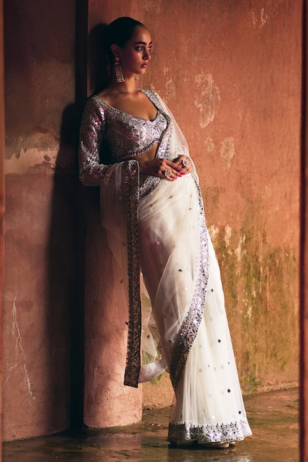 Shop_Angad Singh_White Net Applique, Mirrors Scoop Neck Saree With Blouse _Online_at_Aza_Fashions