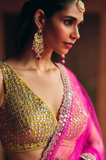 Shop_Angad Singh_Pink Net Mirrors V-neck Rani Saree With Blouse _Online_at_Aza_Fashions