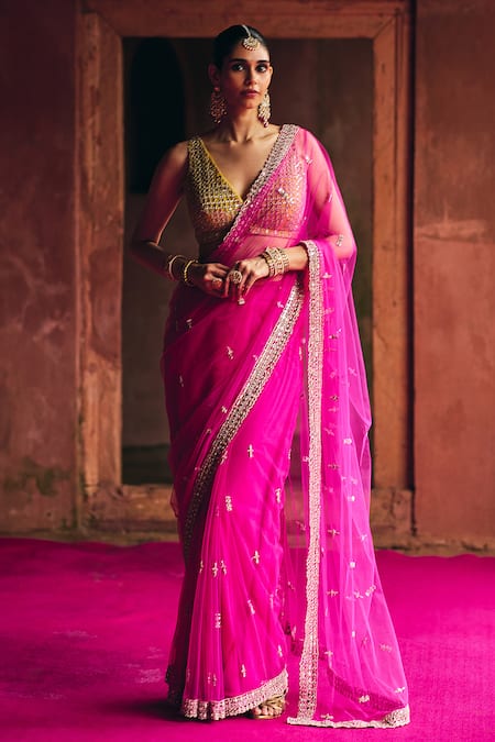 Angad Singh Rani Net Saree With Blouse 