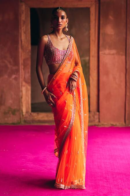 Angad Singh_Orange Net Mirrors, Zari, Embroidery Sweetheart Neck Saree With Blouse _Online_at_Aza_Fashions