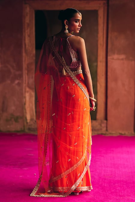 Angad Singh Orange Net Saree With Blouse 