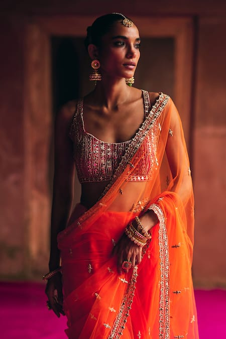 Buy_Angad Singh_Orange Net Mirrors, Zari, Embroidery Sweetheart Neck Saree With Blouse _Online_at_Aza_Fashions