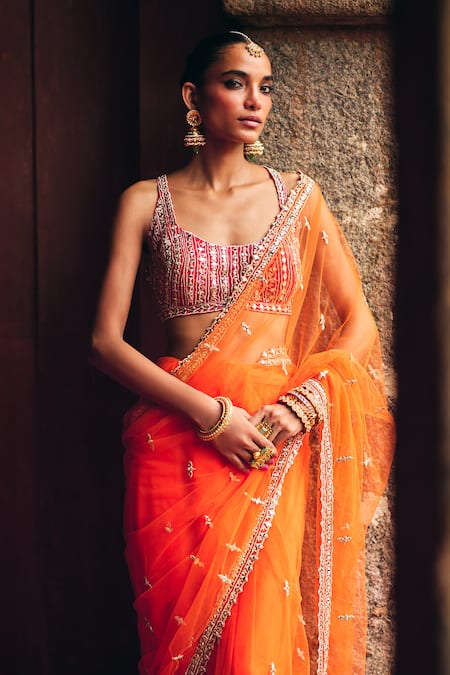 Shop_Angad Singh_Orange Net Mirrors, Zari, Embroidery Sweetheart Neck Saree With Blouse _Online_at_Aza_Fashions