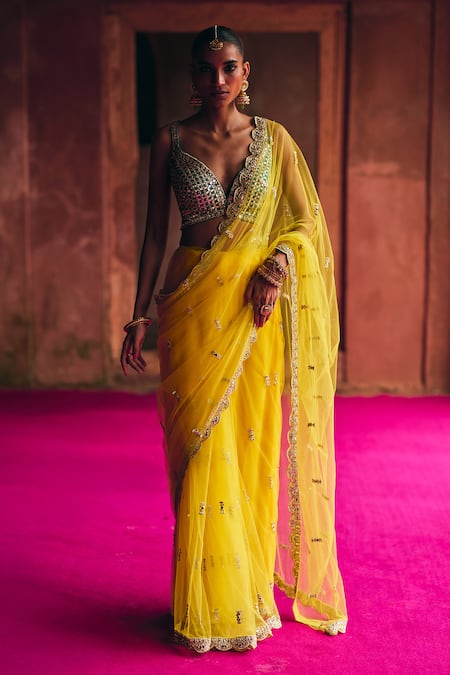 Angad Singh Yellow Net Saree With Blouse 