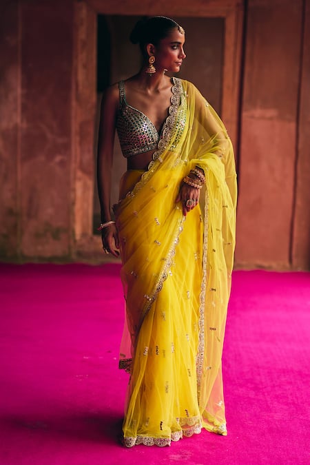 Angad Singh_Yellow Net Mirrors, Zari V-neck Saree With Blouse _Online_at_Aza_Fashions