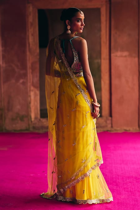 Angad Singh Yellow Net Saree With Blouse 