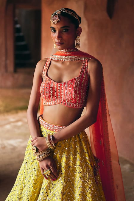 Angad Singh_Yellow Silk Mirrors, Embroidery, Zari Square Neck Raw Lehenga Set _Online_at_Aza_Fashions