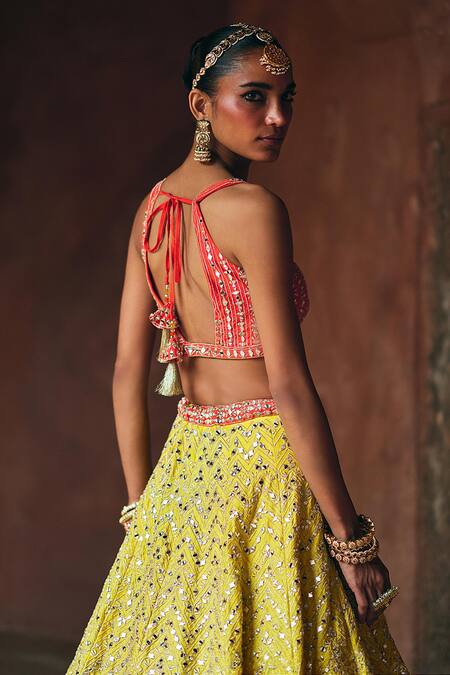 Buy_Angad Singh_Yellow Silk Mirrors, Embroidery, Zari Square Neck Raw Lehenga Set _Online_at_Aza_Fashions