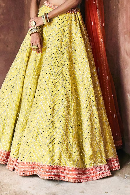 Shop_Angad Singh_Yellow Silk Mirrors, Embroidery, Zari Square Neck Raw Lehenga Set _Online_at_Aza_Fashions