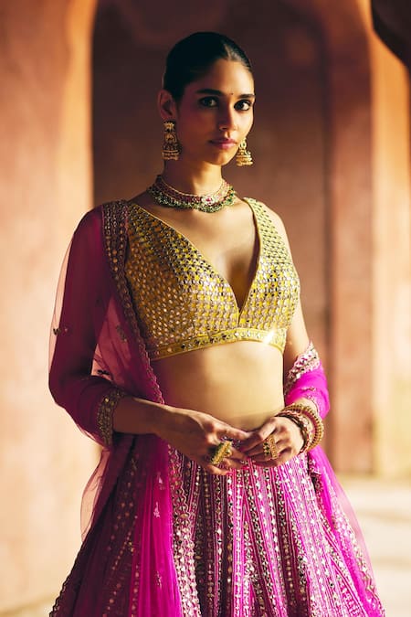 Angad Singh_Fuchsia Silk, Net Mirrors, Embroidery, Zari, Gota Rani Raw Bridal Lehenga Set _Online_at_Aza_Fashions