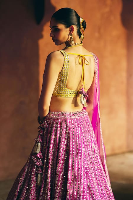 Buy_Angad Singh_Fuchsia Silk, Net Mirrors, Embroidery, Zari, Gota Rani Raw Bridal Lehenga Set _Online_at_Aza_Fashions