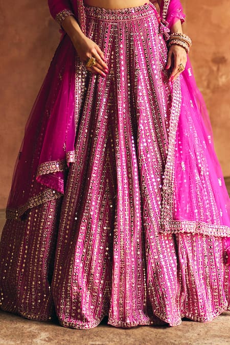 Shop_Angad Singh_Fuchsia Silk, Net Mirrors, Embroidery, Zari, Gota Rani Raw Bridal Lehenga Set _Online_at_Aza_Fashions