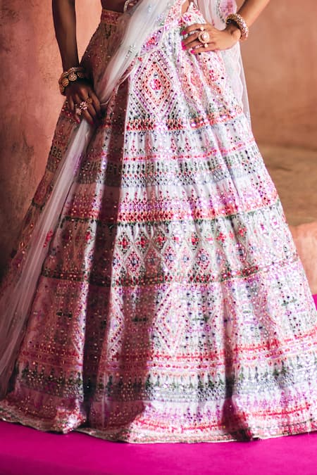 Angad Singh White Silk, Net Embroidery, Mirrors, Zari, Gota Patti, Sequins Raw Lehenga Set at Aza Fashions Angad Singh_White Silk, Net Embroidery, Mirrors, Zari, Gota Patti, Sequins Raw Lehenga Set _at_Aza_Fashions