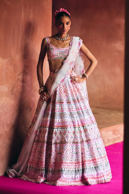 Angad Singh White Raw Silk Lehenga Set 