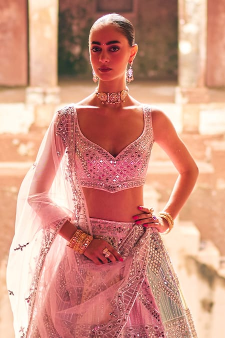 Angad Singh_Pink Silk, Net Patchwork, Mirrors, Multicolor Raw Bridal Lehenga Set _Online_at_Aza_Fashions