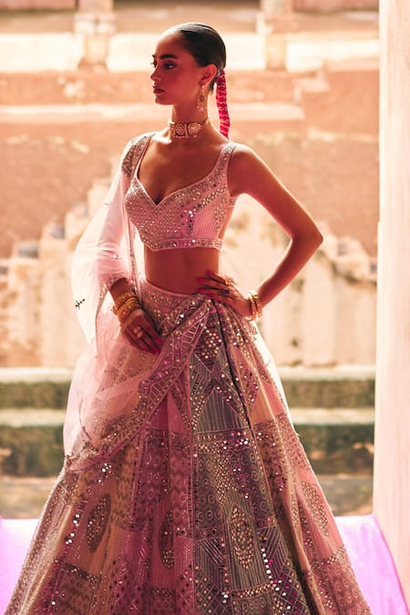 Shop_Angad Singh_Pink Silk, Net Patchwork, Mirrors, Multicolor Raw Bridal Lehenga Set _Online_at_Aza_Fashions