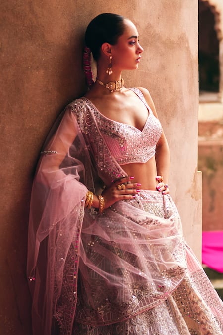 Angad Singh_Pink Silk, Net Patchwork, Mirrors, Multicolor Raw Bridal Lehenga Set _at_Aza_Fashions