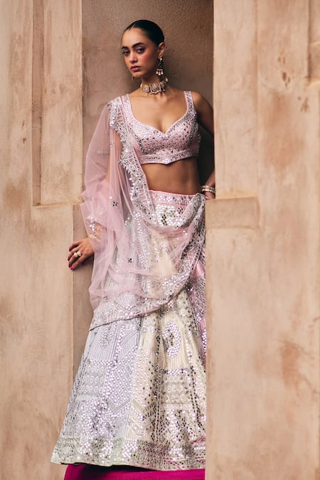 Buy_Angad Singh_Pink Silk, Net Patchwork, Mirrors, Multicolor Raw Bridal Lehenga Set 