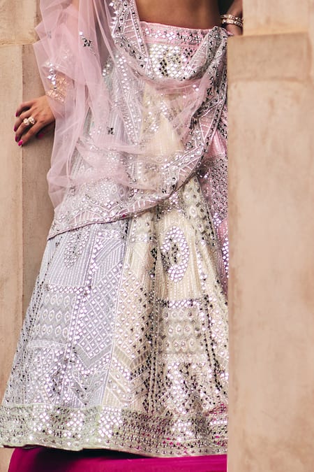 Shop_Angad Singh_Pink Silk, Net Patchwork, Mirrors, Multicolor Raw Bridal Lehenga Set 