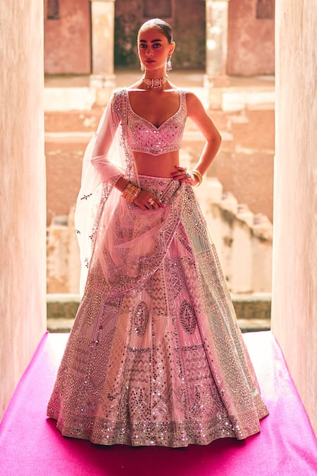 Angad Singh Multicolor Raw Silk Bridal Lehenga Set 