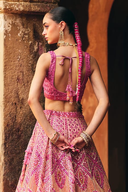 Angad Singh Pink Organza Bridal Lehenga Set 
