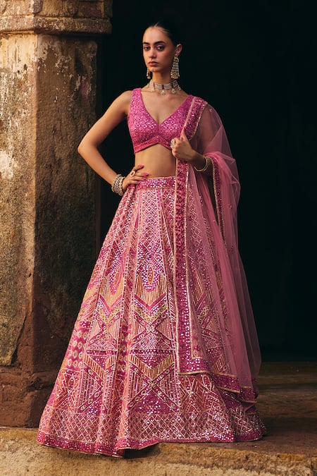 Angad Singh Pink Organza Bridal Lehenga Set 