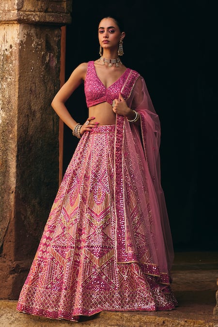 Shop_Angad Singh_Pink Organza Mirrors, Zari, Gota Patti, Embroidery, Sequins Bridal Lehenga Set _Online_at_Aza_Fashions