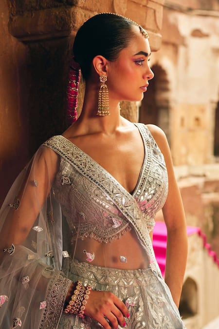 Buy Angad Singh Gray Organza Mirrors, Embroidery, Sequins, Applique V-neck Grey Lehenga Set Online at Aza Fashions Buy_Angad Singh_Gray Organza Mirrors, Embroidery, Sequins, Applique V-neck Grey Lehenga Set _Online_at_Aza_Fashions