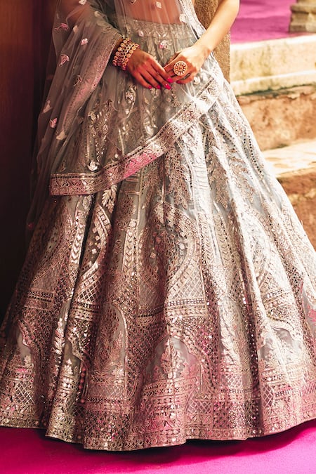 Angad Singh Gray Organza Mirrors, Embroidery, Sequins, Applique V-neck Grey Lehenga Set at Aza Fashions Angad Singh_Gray Organza Mirrors, Embroidery, Sequins, Applique V-neck Grey Lehenga Set _at_Aza_Fashions