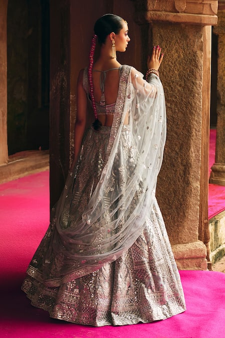 Angad Singh Embroidered Grey Organza Lehenga Set 